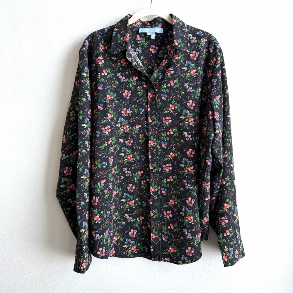 Hill House The Malone Top in Berry Crepe Size Large Blouse Black Floral